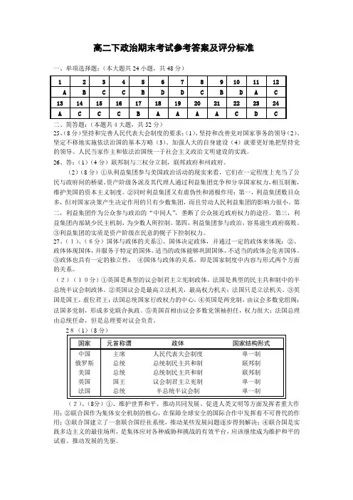 高二下期末考试参考答案