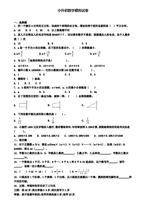 (4份试卷汇总)2019-2020学年山东省淄博市数学小升初考试模拟试题