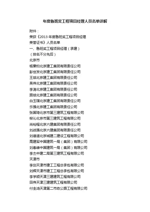 年度鲁班奖工程项目经理人员名单详解