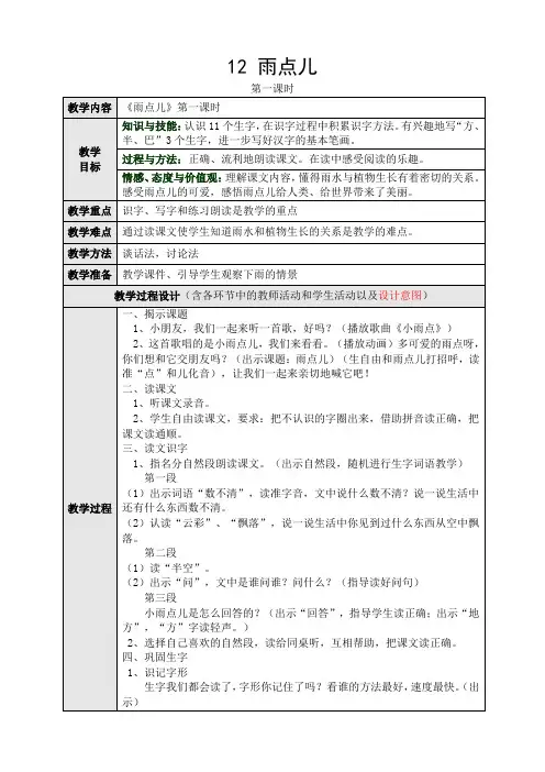 人教版小学语文一年级上册(课件+教案+单元试卷)雨点儿 第一课时