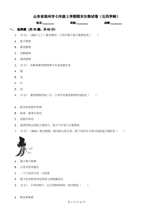 山东省滨州市七年级上学期期末生物试卷(五四学制)