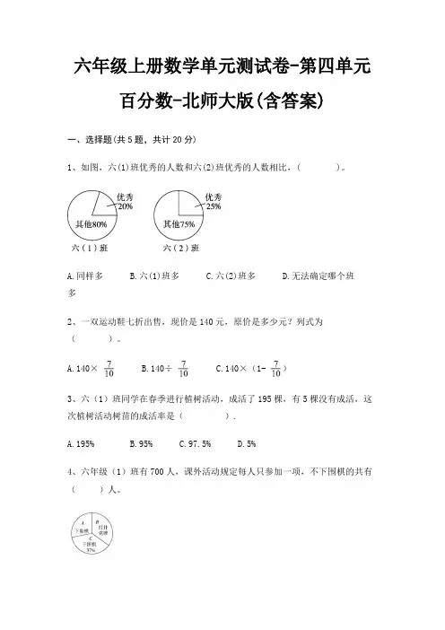 六年级上册数学单元测试卷-第四单元 百分数-北师大版(含答案)