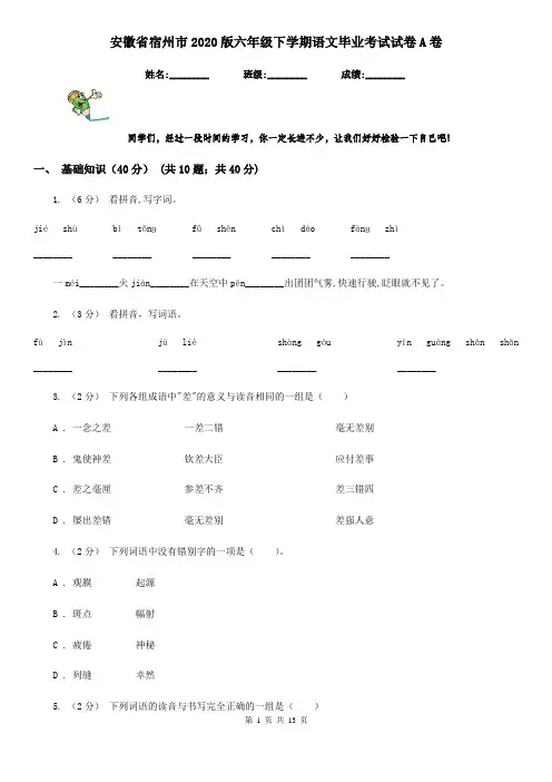 安徽省宿州市2020版六年级下学期语文毕业考试试卷A卷