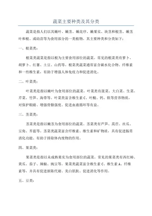 蔬菜主要种类及其分类