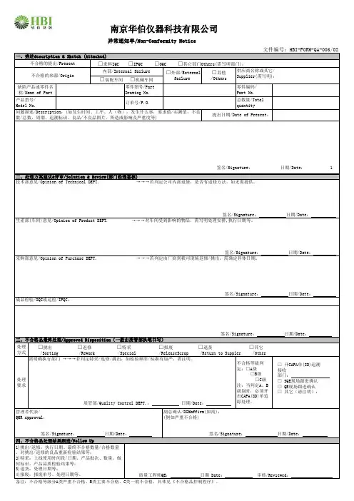 不合格品通知单