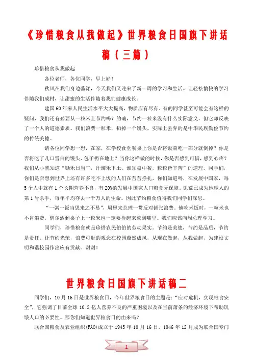 《珍惜粮食从我做起》世界粮食日国旗下讲话稿(三篇)