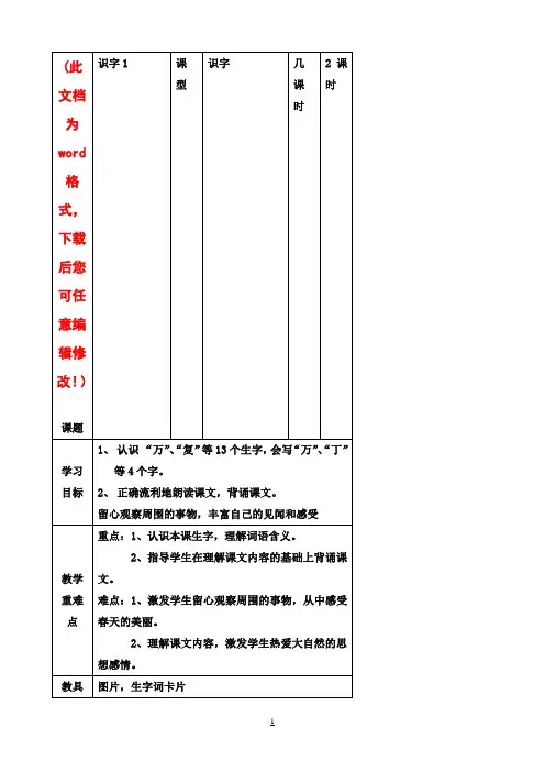 小学一年级语文下册全册导教案【表格式】