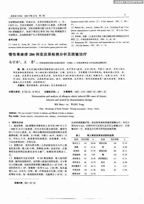 慢性荨麻疹286例变应原检测分析及脱敏治疗