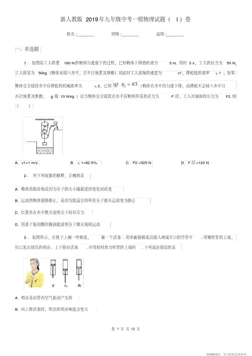 (精品文档)新人教版2019年九年级中考一模物理试题(I)卷(测试)