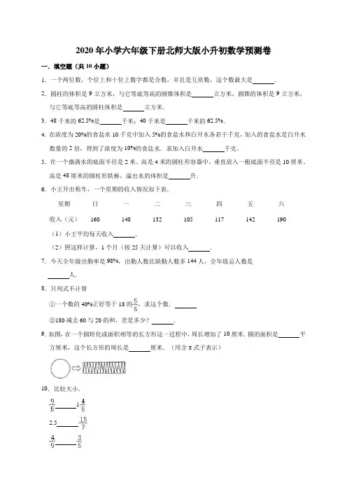 六年级下册数学试题  2020年小升初数学预测卷4  北师大版(有答案)