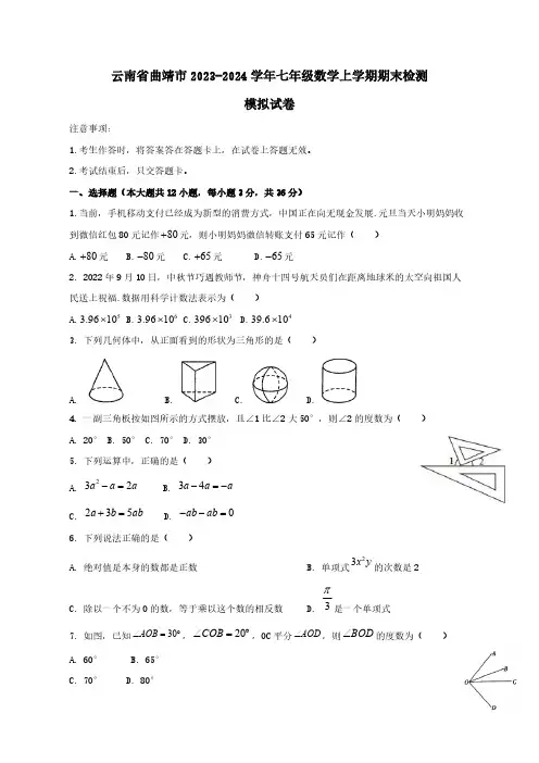 云南省曲靖市2023-2024学年七年级数学上学期期末检测模拟试卷(含答案)