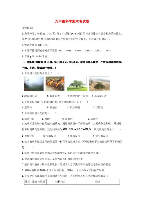 2018-2019学年九年级科学上学期期末检测卷7 浙教版