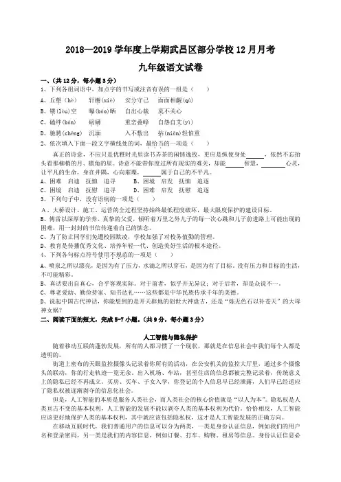 湖北省武汉市武昌区部分学校(C组联盟)2019届九年级12月月考语文试题