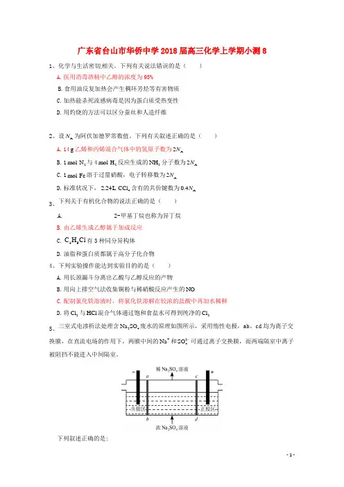 广东省台山市华侨中学2018届高三化学上学期小测