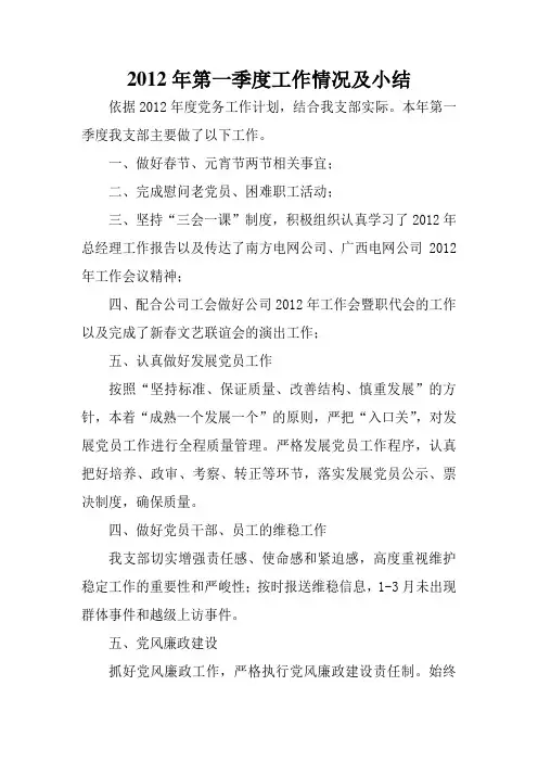 2012年第一季度工作情况及小结