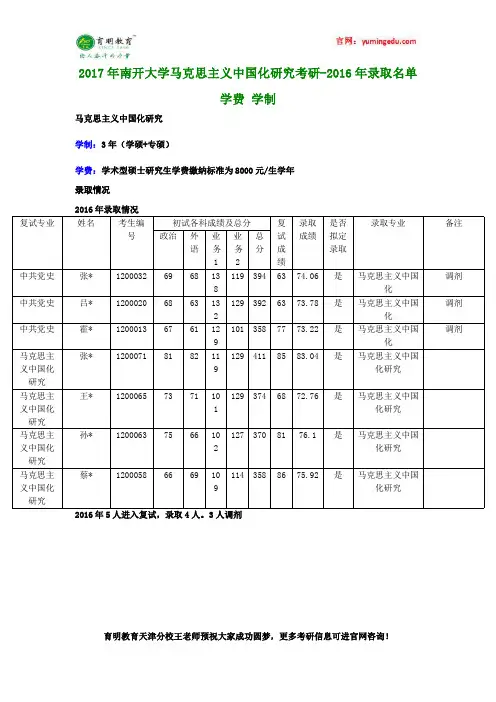 2017年南开大学马克思主义中国化研究考研-2016年录取名单 学费 学制