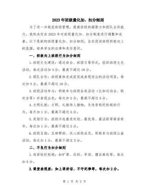 2023年班级量化加、扣分细则