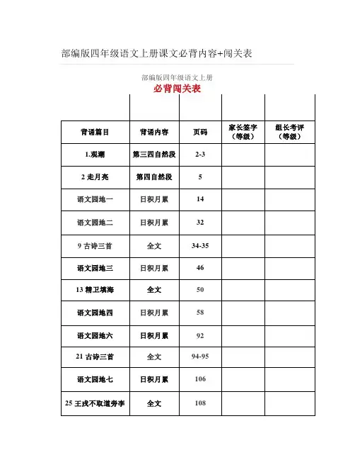 部编版四年级语文上册课文必背内容闯关表