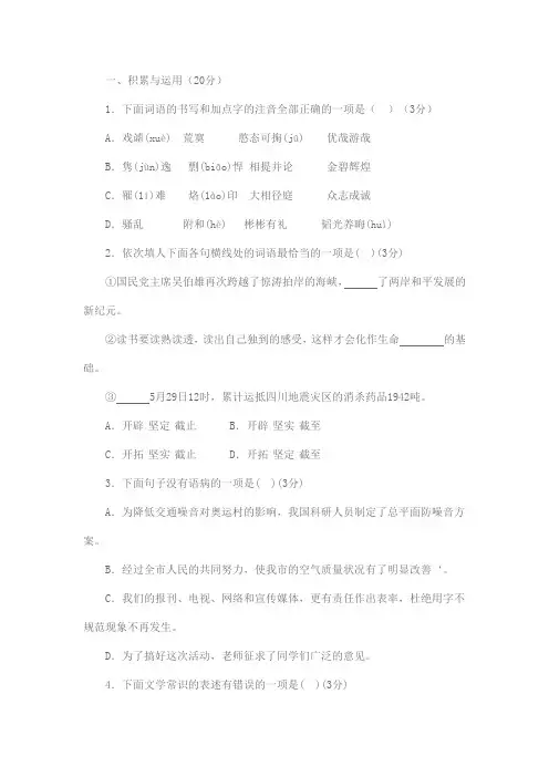 山东省泰安市中考语文试题及答案