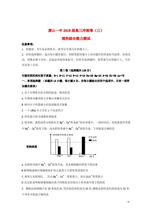 河北省唐山市第一中学2019届高三理综下学期冲刺试题(三)