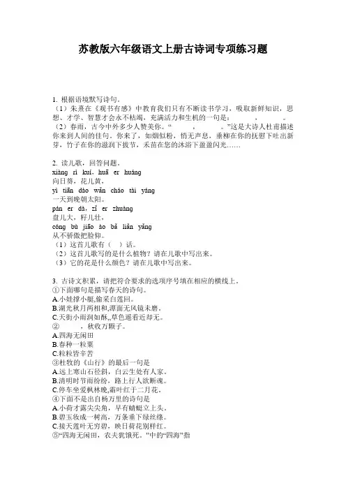 苏教版六年级语文上册古诗词专项练习题