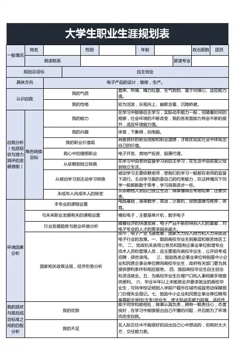 大学生职业生涯规划表excel模板