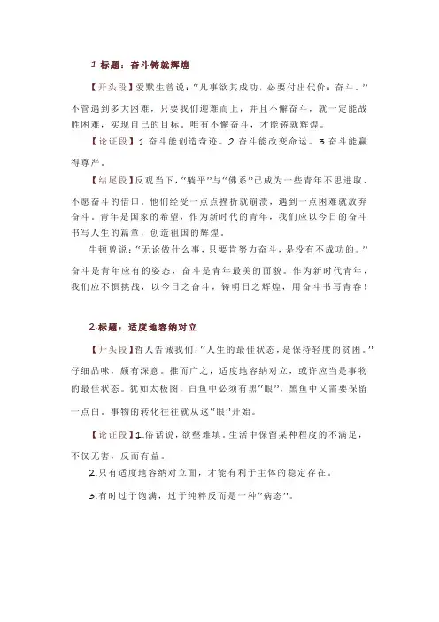 2023高考作文素材积累之40组议论文模板：标题+开头段+论证段+结尾段