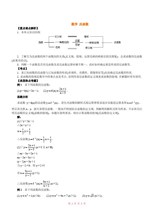 高一数学 反函数 重难点解析 人教版