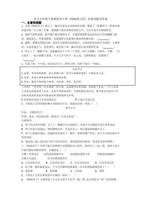 语文七年级下册骆驼祥子和《海底两万里》名著试题及答案