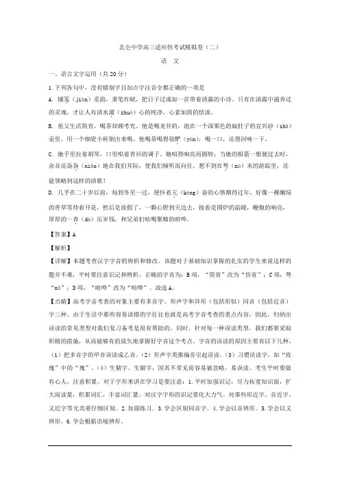 2019届浙江省宁波市北仑中学高三下学期适应性模拟考试语文试题 解析版