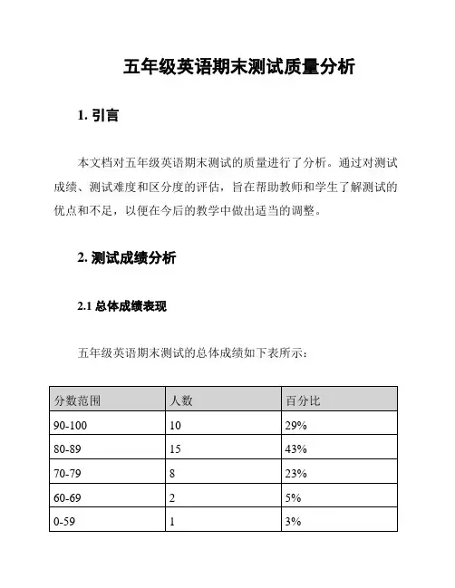 五年级英语期末测试质量分析