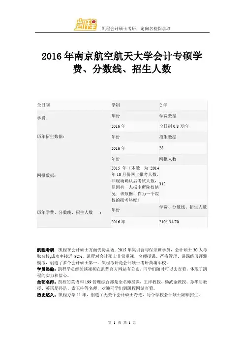 2016年南京航空航天大学会计专硕学费、分数线、招生人数