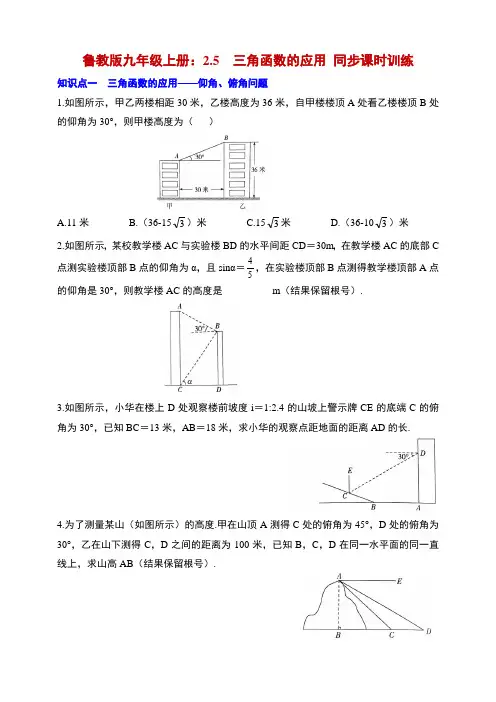 2.5  三角函数的应用 同步课时训练    2021--2022学年鲁教版(五四制)九年级数学上册