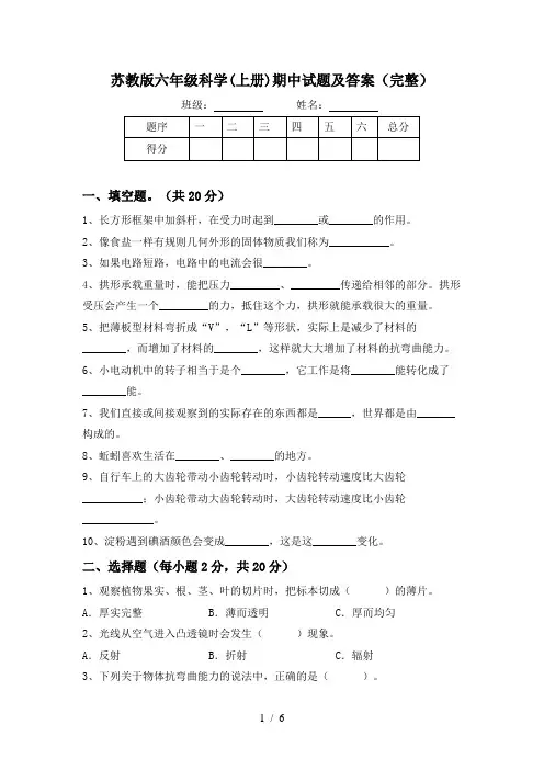 苏教版六年级科学(上册)期中试题及答案(完整)