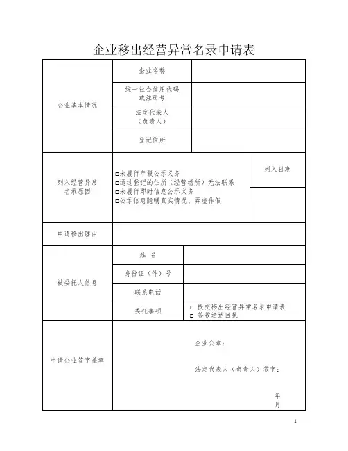 移出异常名录申请表