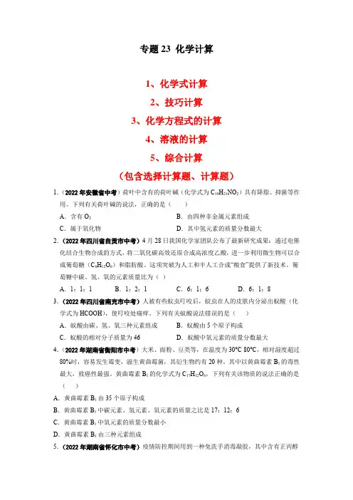 2022年中考化学真题分项汇编专题23 化学计算试题及答案