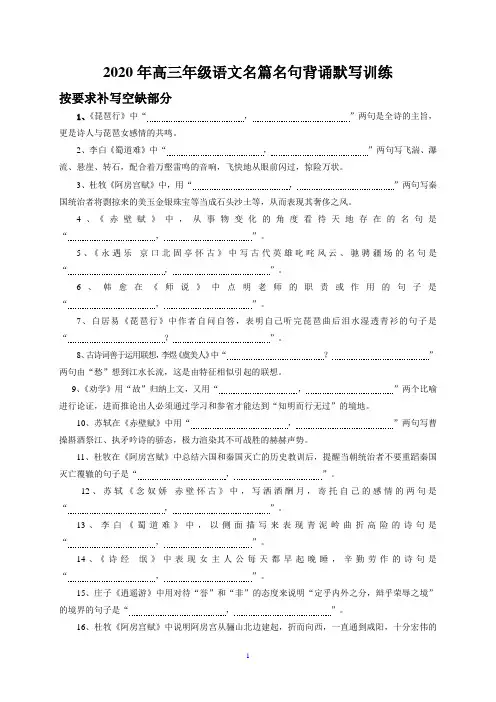 人教版高三语文名篇名句背诵默写训练试题附答案