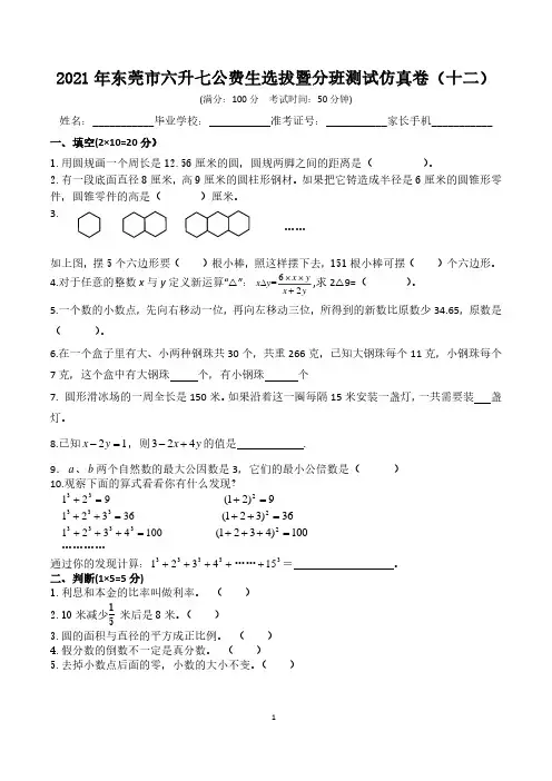 东莞市2021年小升初公费生选拔暨分班数学测试仿真卷(12)【内含参考答案】