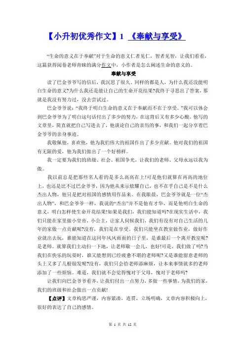 小升初语文考场满分作文精选10篇