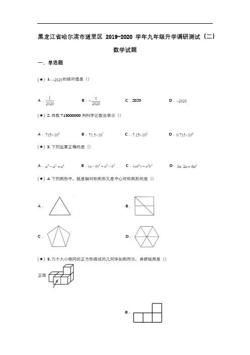 黑龙江省哈尔滨市道里区2019-2020学年九年级升学调研测试(二)数学试题(word无答案)