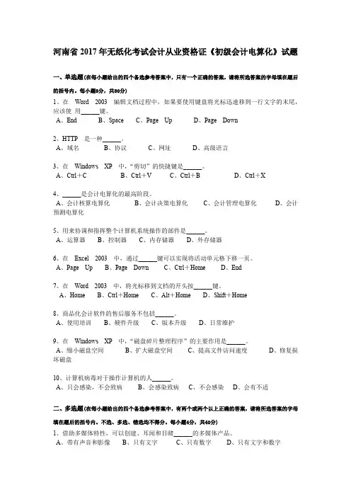 河南省2017年无纸化考试会计从业资格证《初级会计电算化》试题