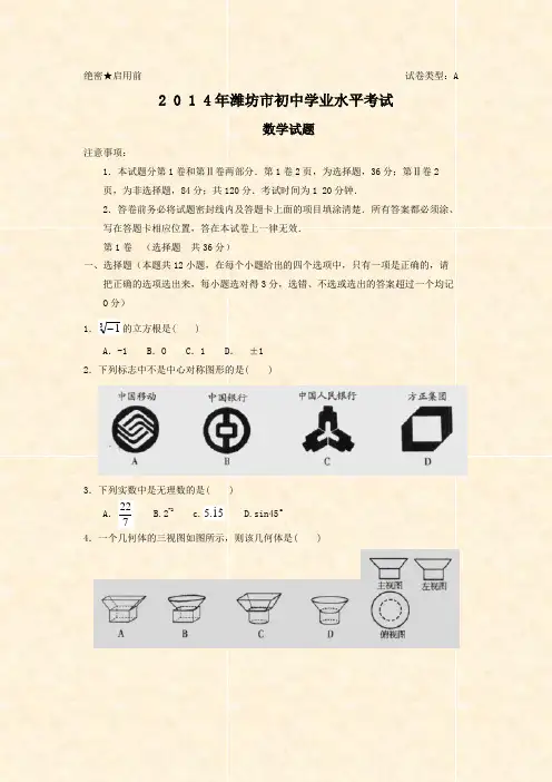 中考试卷-山东省潍坊市2014年中考数学试题