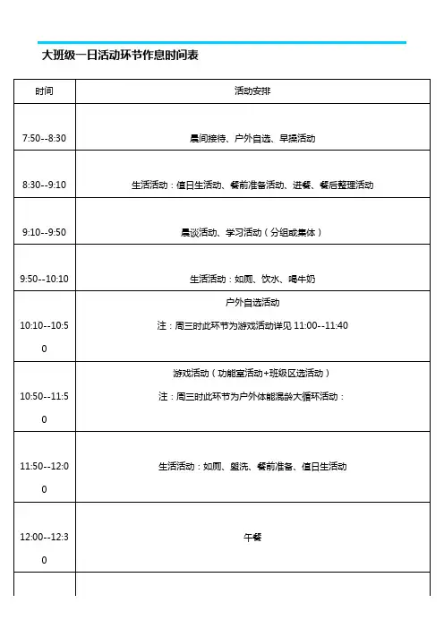 幼儿园大班一日活动时间计划表