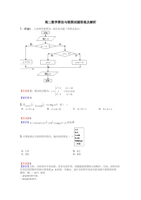高二数学算法与框图试题答案及解析
