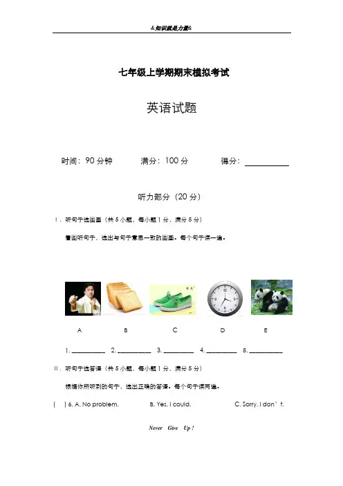 2019-2020年仁爱版英语七年级上学期期末考试模拟试题及答案-精编试题