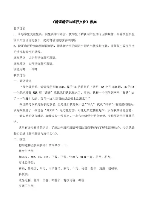 人教版高中语文必修1 《新词新语与流行文化》教案1