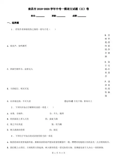 南昌市2019-2020学年中考一模语文试题(II)卷