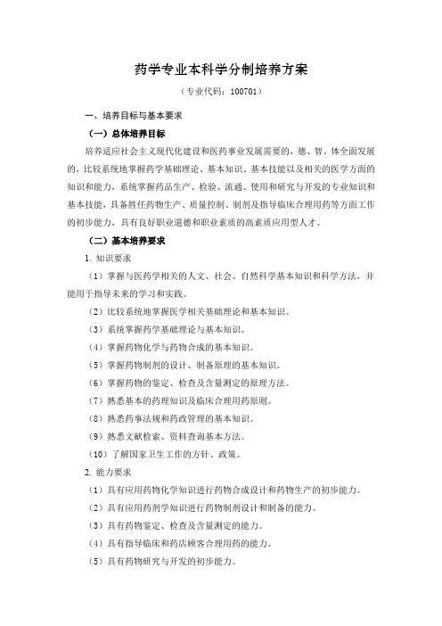 17山东中医药大学药学专业本科学分制培养方案