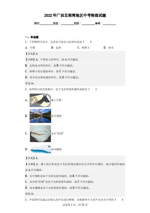 2022年广西北部湾地区中考物理试题(解析版)