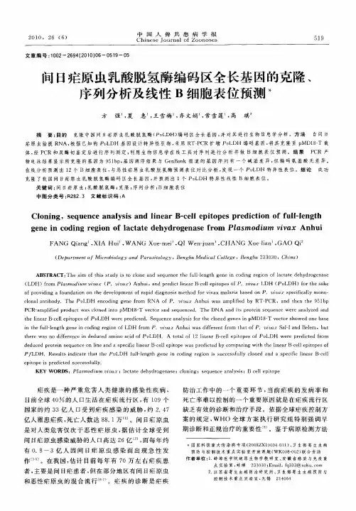 间日疟原虫乳酸脱氢酶编码区全长基因的克隆、序列分析及线性B细胞表位预测